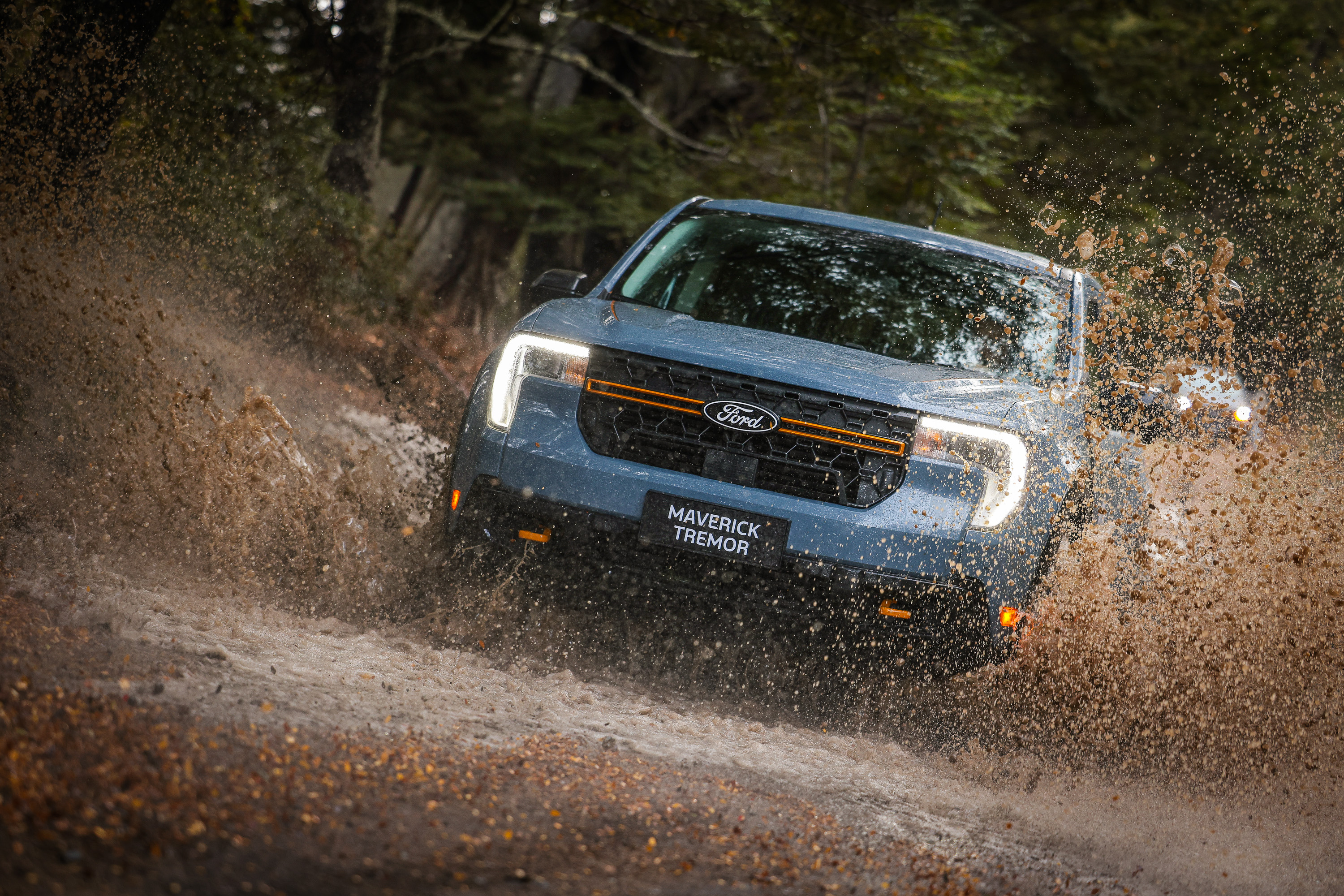 Frente da Ford Maverick Tremor cinza na natureza